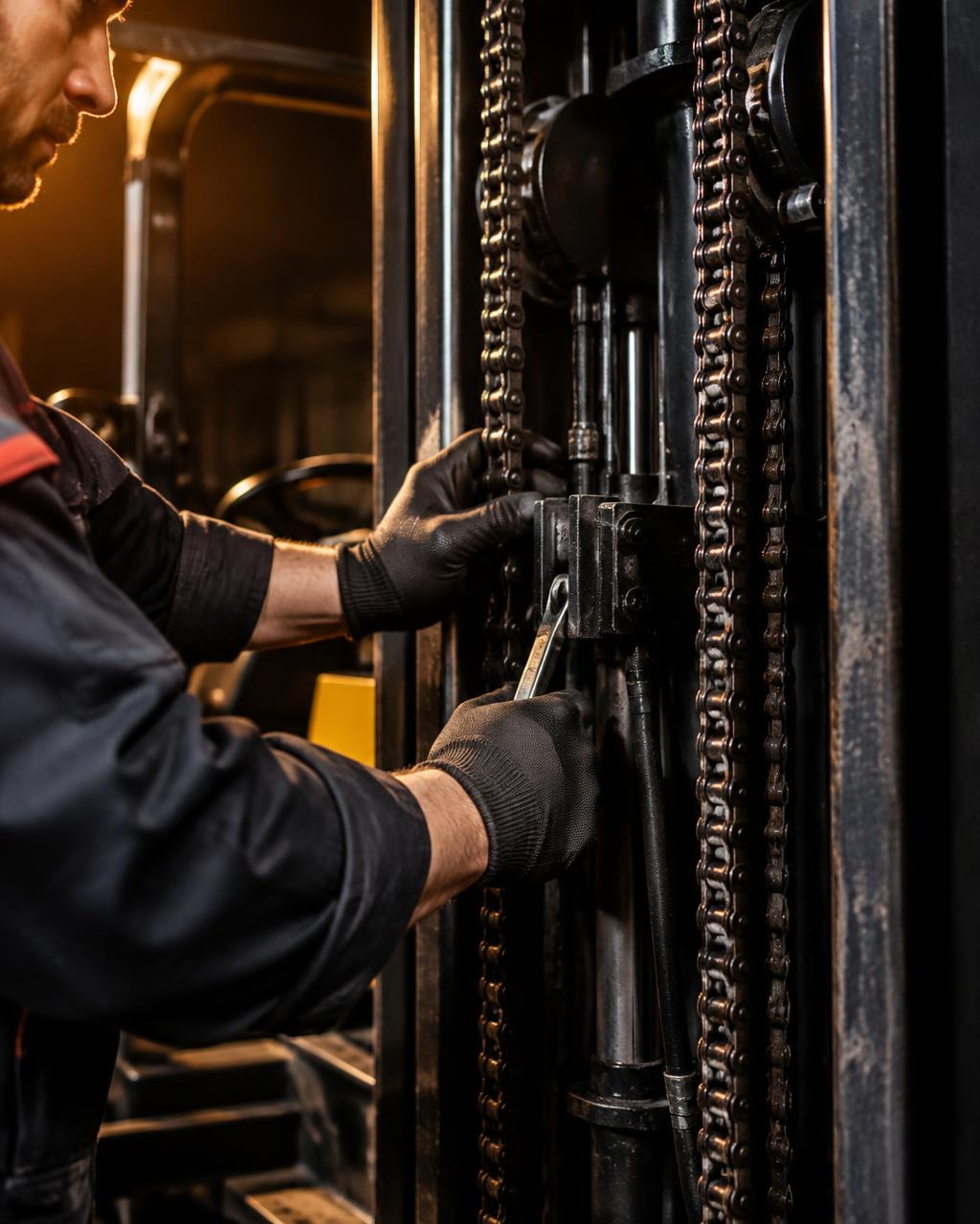 Técnico trabajando sobre el mástil de un montacargas